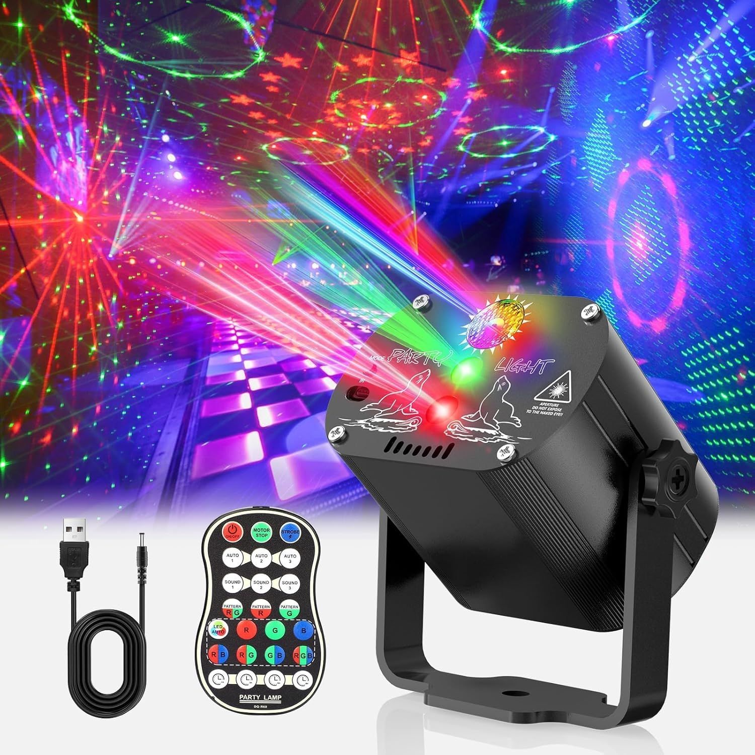 Lámpara de escena con 60 efectos de luz, estroboscopio y control remoto, bola discoteca de gran ángulo con control musical, luces RGBW para fiestas, Halloween, Navidad