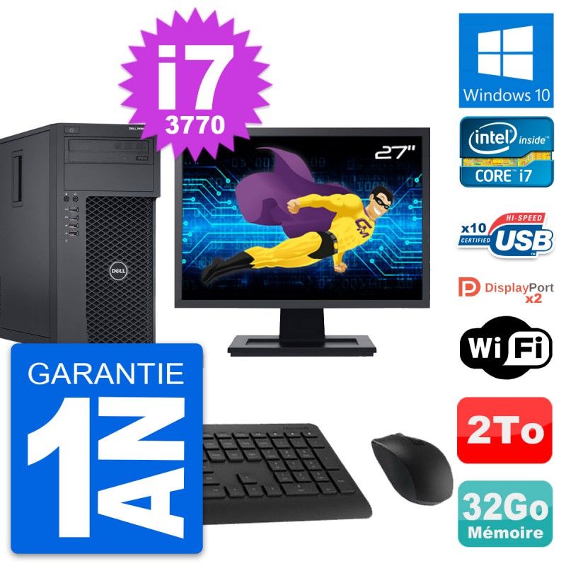 Dell T1650 Desktop PC - 27" Screen, Intel i7-3770, 32GB RAM, 2TB HDD, Windows 10, WiFi