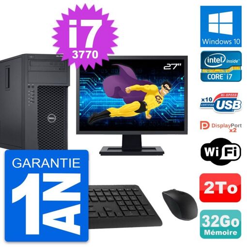 Dell T1650 Desktop PC - 27" Screen, Intel i7-3770, 32GB RAM, 2TB HDD, Windows 10, WiFi