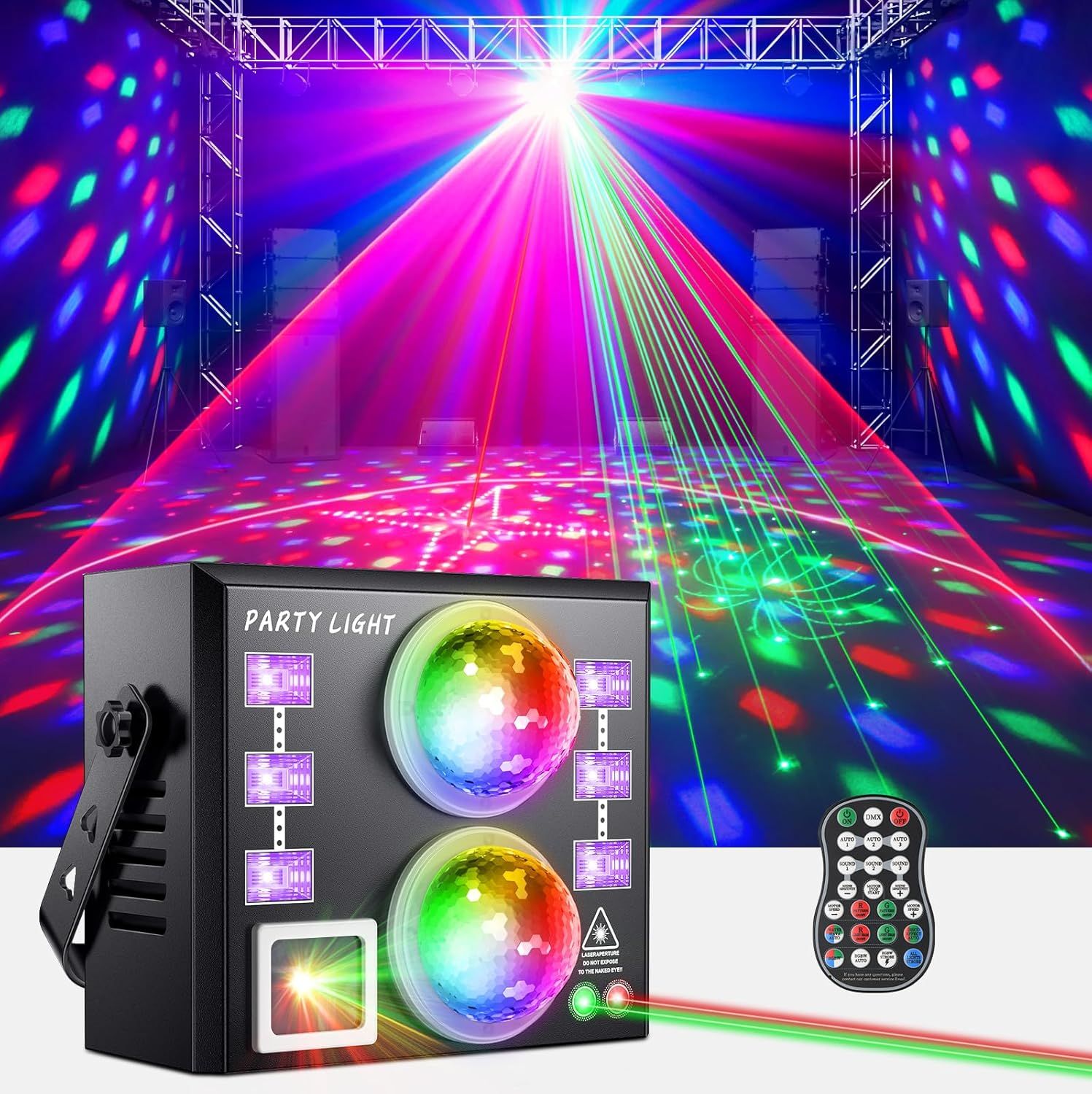 MAEC GROUP CAHORS 6-in-1 DJ Light, Disco Light with Remote Control and Strobe Effect, Water Wave RGB & UV Lamp, DMX 512 Music Controlled Party Light, Ideal for Clubs