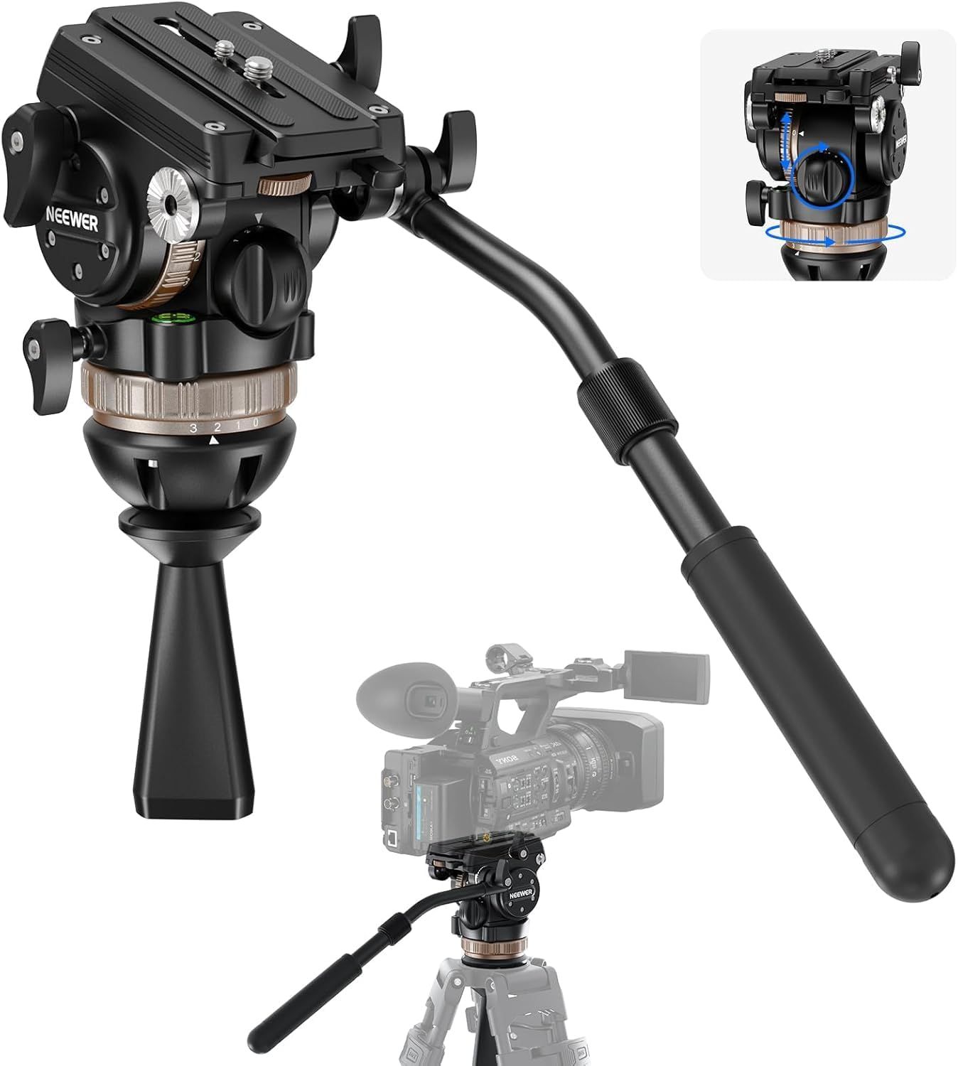 Neewer Fluid Head for Video Tripod DJI RS with Dynamic Counterweight 6 Levels, Pan/Tilt 4-Way Amortization, Handle, Base 75mm, Metal QR Plate, TH45