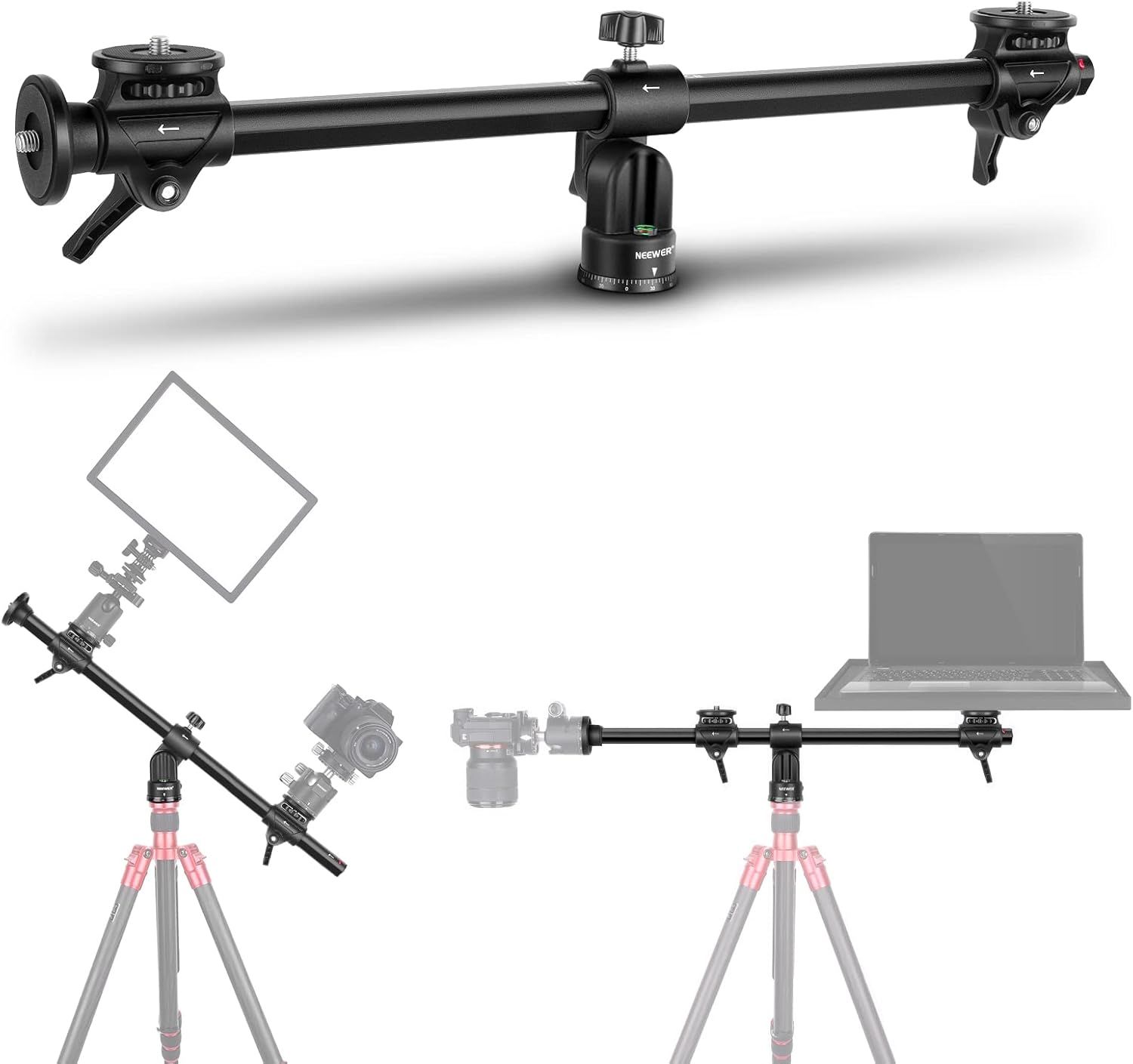 Tripode horizontal de Neewer de 76 cm con eje central, rosca de 3/8'', aleación de aluminio giratoria de 360°, ajustable verticalmente a 180° y brazo extensible para fotografía macro aérea
