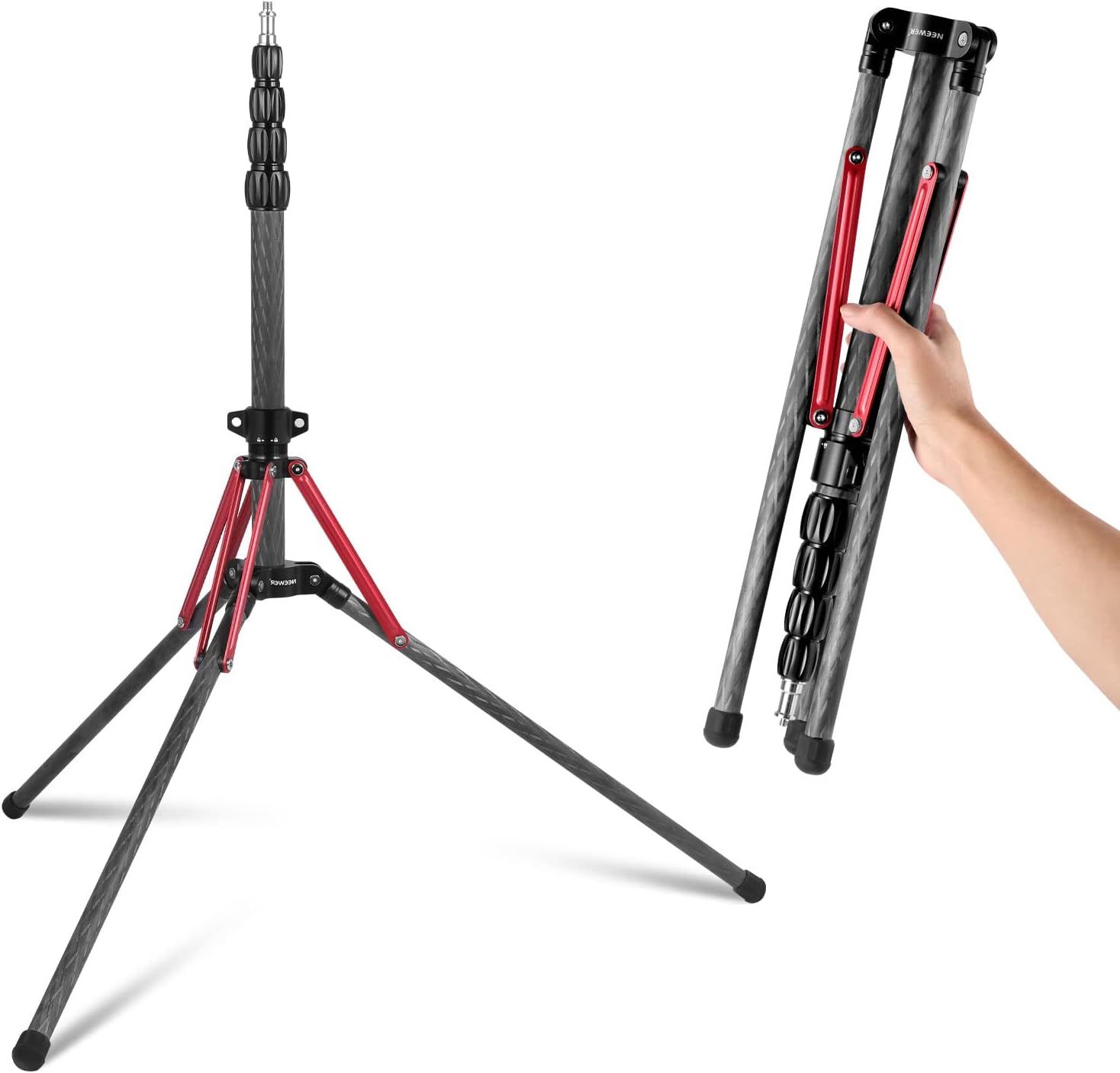 Soporte de luz Neewer de fibra de carbono con pies reversibles de 180°, adaptador de hilo de 3/8", trípode de viaje de 220 cm para fotografía al aire libre, destellador y softbox