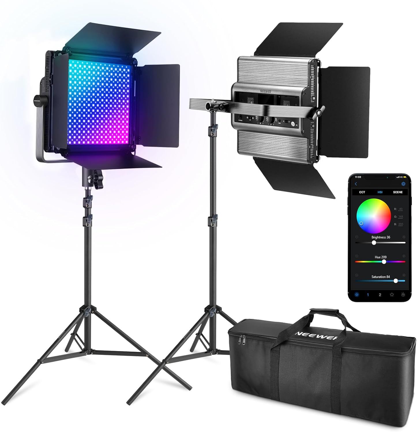 Panel de iluminación de video Neewer RGB1200 360°, 2 luces de estudio de 60W, kit de fotografía/video con control de aplicación/2.4G/trípode y bolsa de transporte