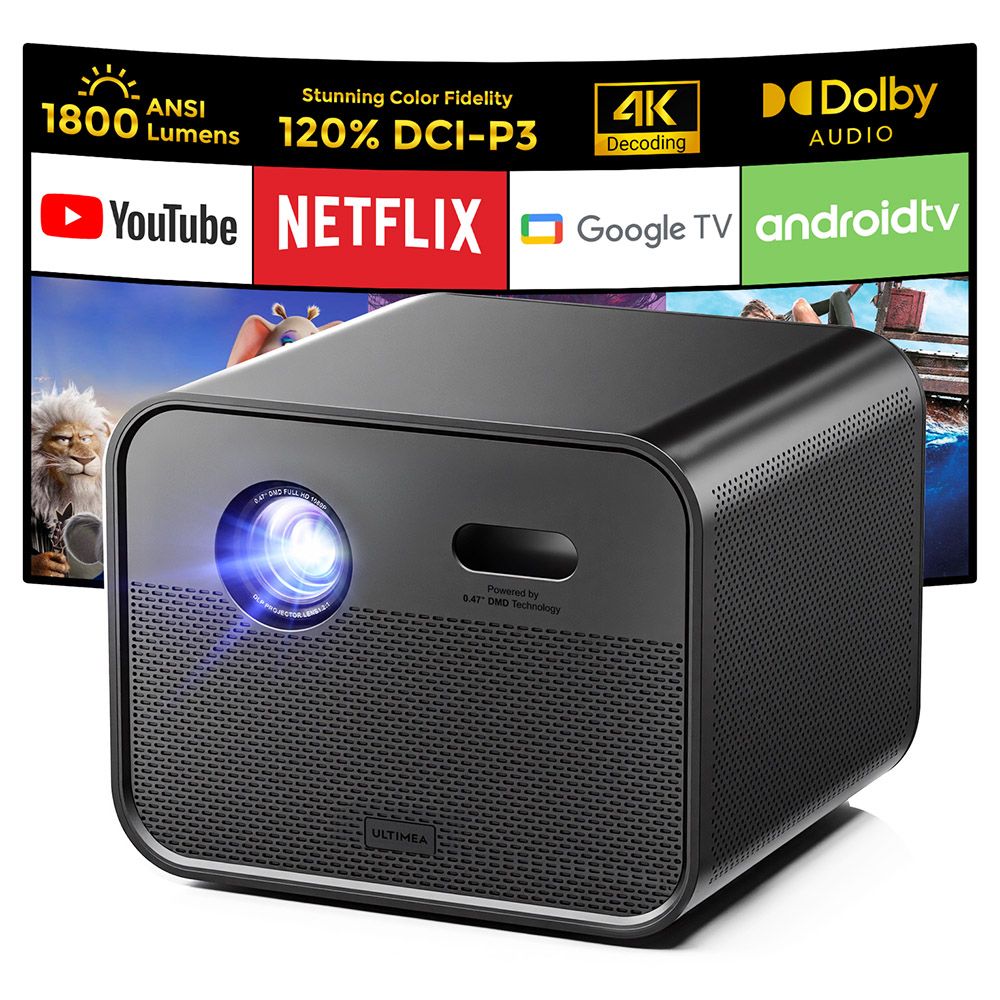 Projecteur DLP Ultimia Poseidon E100 1800 ANSI, 1080p natif, décodage 4K, mise au point automatique et correction trapézoïdale automatique 6D, image 3D active