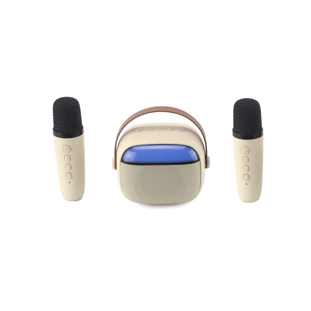 WE POP Mini Karaoke Speaker with LED and Handle, BT 5.4, Rechargeable, 2 Microphones with 5 Sounds, Beige
