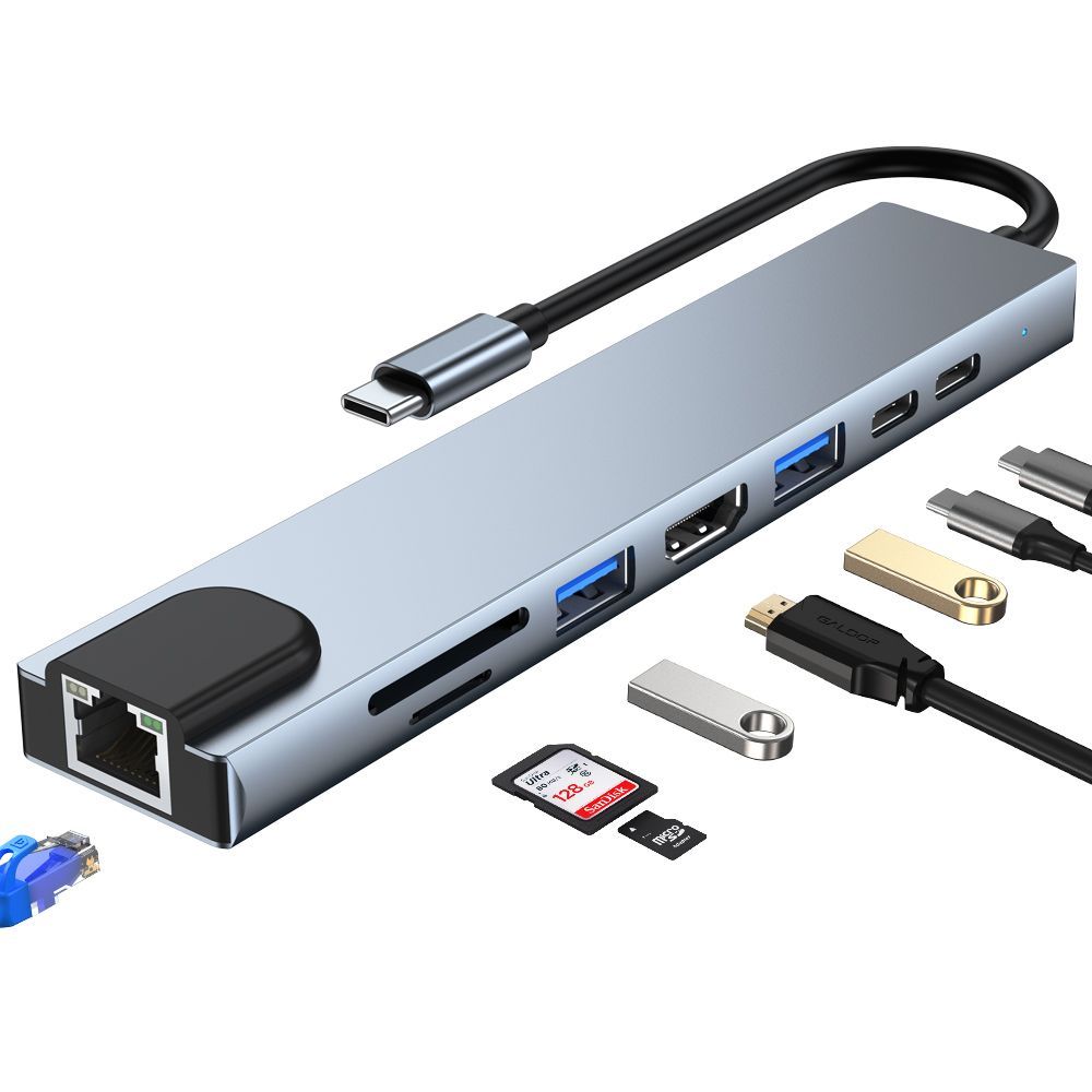 Adaptador USB-C a HDMI 4K con puerto USB 3.0 & 2.0, USB-C, PD 87W, Ethernet, lector de tarjetas SD/TF, hub 8 en 1 para MacBook Air/Pro - E.F.Connection