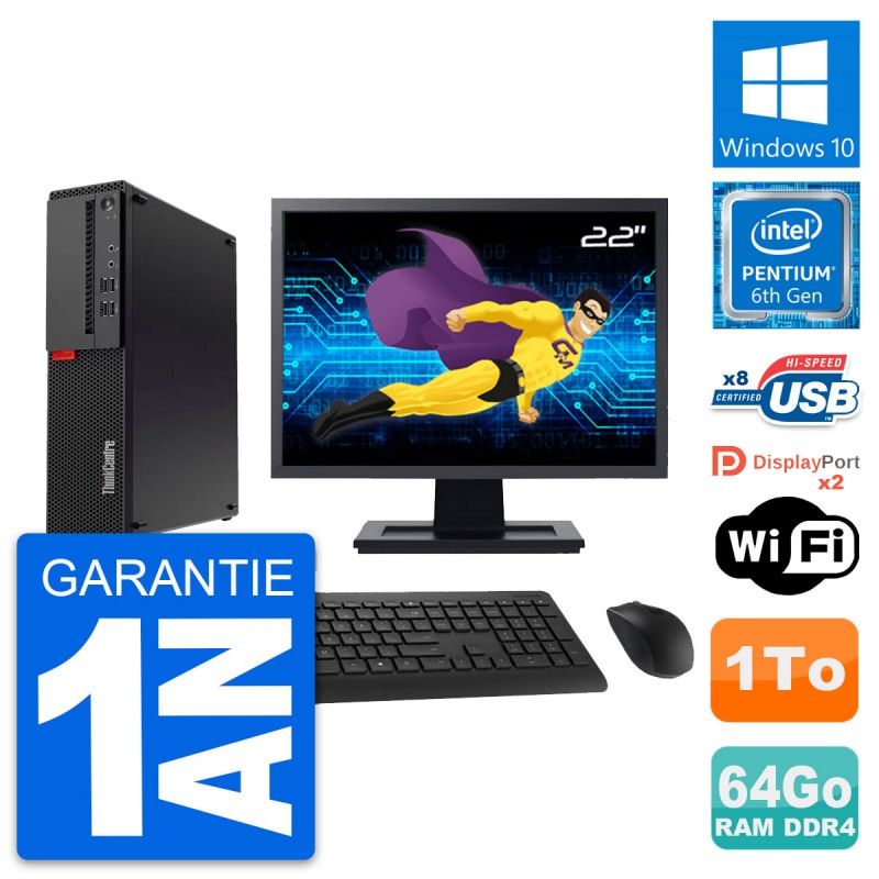 Lenovo M910s SFF Desktop Computer - 22" Screen, Pentium G4400, 64GB RAM, 1TB HDD, Windows 10, WiFi