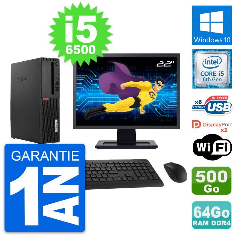 Lenovo M910s SFF Desktop Computer - 22" Screen, Core i5-6500, 64GB RAM, 500GB HDD, Windows 10, WiFi