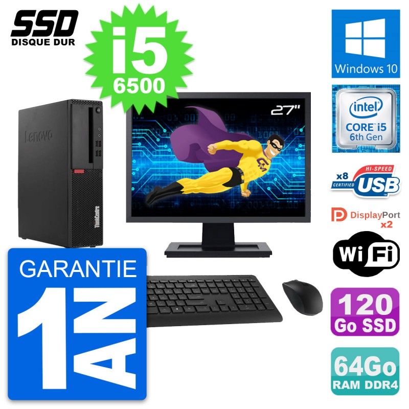 Lenovo M910s SFF Desktop Computer | 27" Screen | Intel i5-6500 | 64GB RAM | 120GB SSD