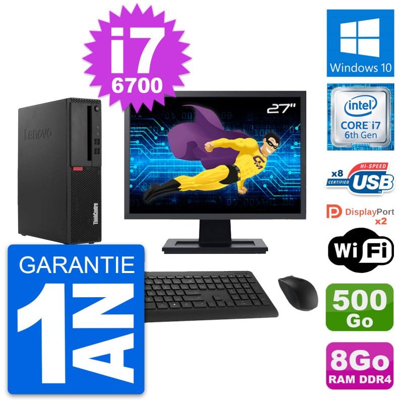 Lenovo M910s SFF Desktop Computer, 27" Screen, Intel i7-6700, 8GB RAM, 500GB Storage, Windows 10, WiFi