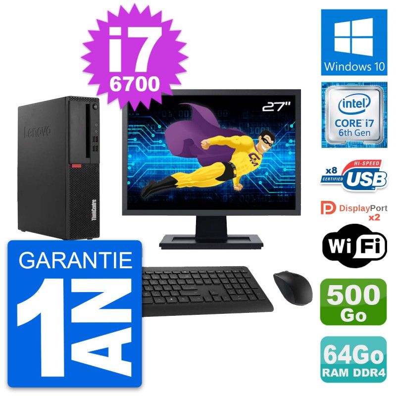 Lenovo M910s SFF Desktop Computer - 27" Screen, Core i7-6700, 64GB RAM, 500GB Storage, WiFi