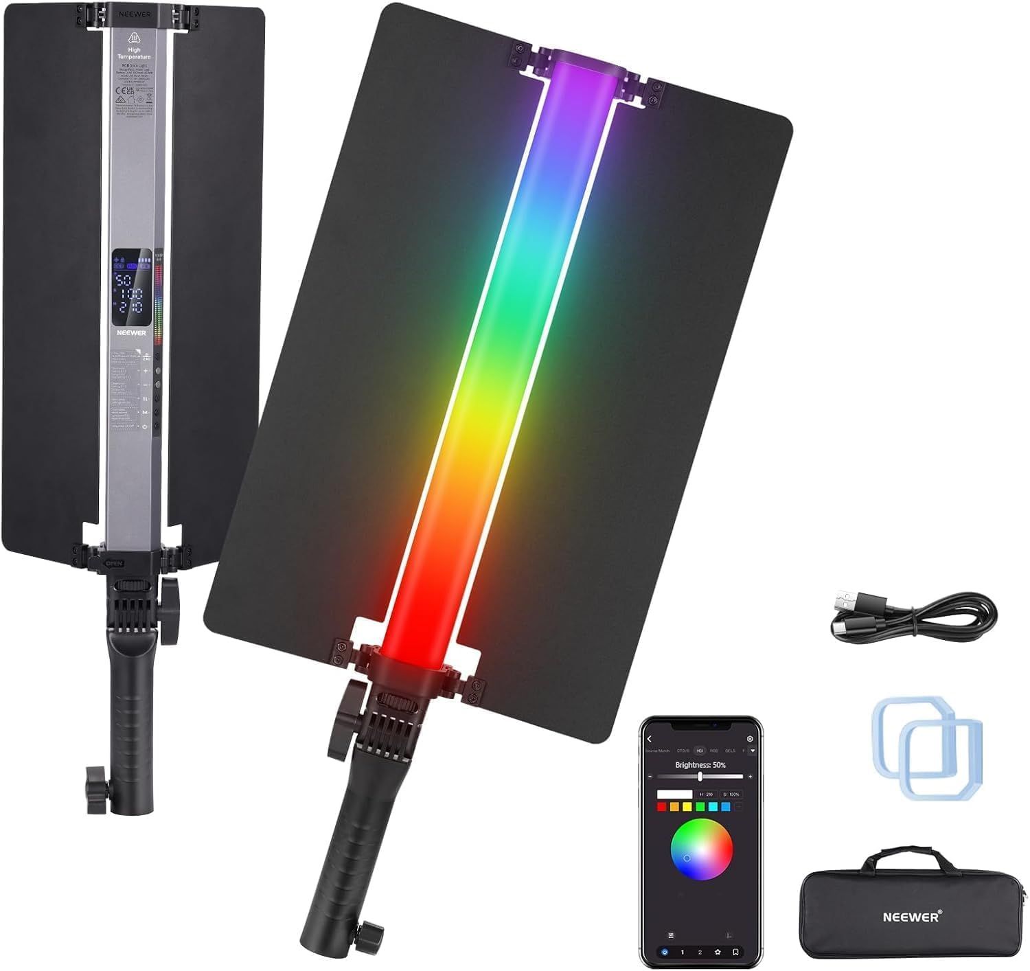Báton de luz LED Neewer con puerta de difusor y mango metálicos, control por toque/aplicación/2.4G, luz de vídeo RGB magnética recargable, iluminación regulable de 2500K a 10000K CRI98+ para fotografía, 18 escenas
