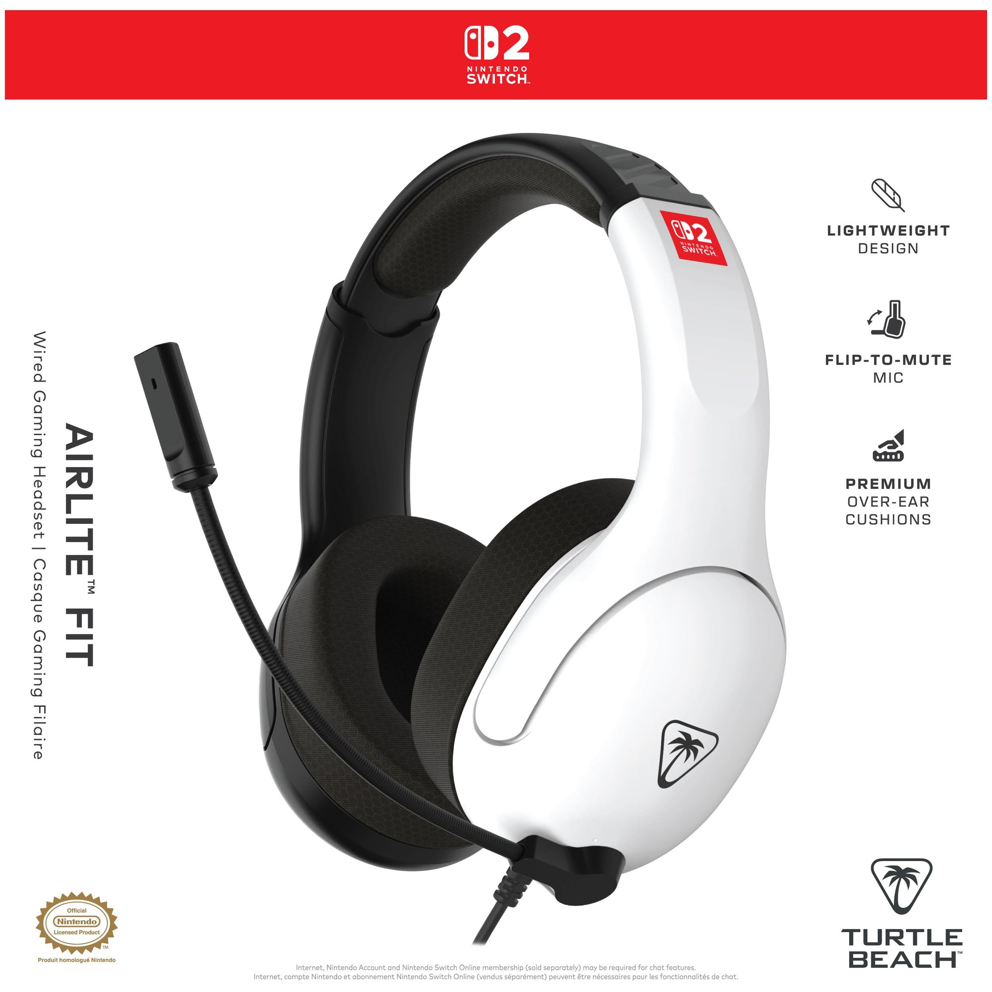 Auricular de juego con cable Turtle Beach Airlite Fit, con licencia oficial de Nintendo para Switch 2, Switch y Lite - Negro y Blanco, altavoces de 40 mm, micrófono con cancelación de ruido