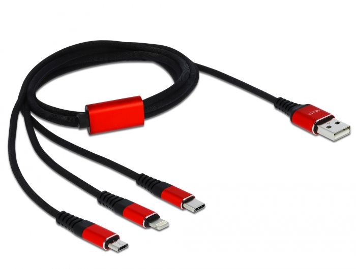 Câble de chargement Delock 3-en-1, 1m Noir/Rouge