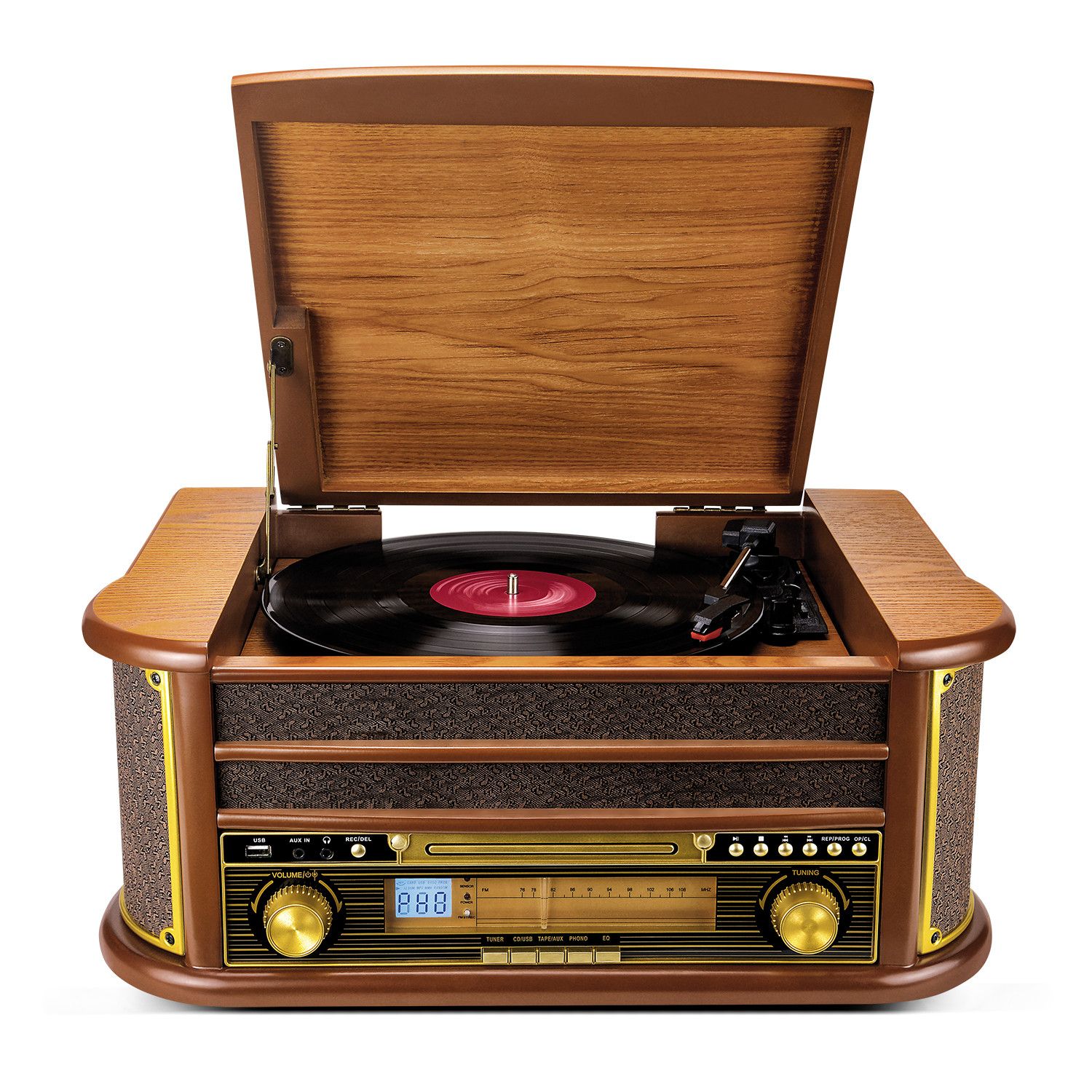 Evidence Acoustics EA-PL400 Turntable - Vinyl 33/45/78, 60W PMPO, FM Radio, CD, Cassette, Bluetooth USB, REC, Retro, Wood