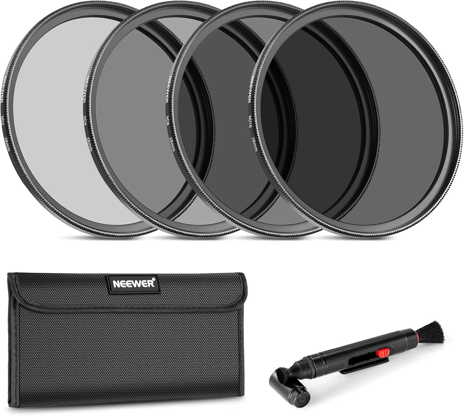 Kit de filtro ND fijo Neewer 58 mm (ND2, ND4, ND8, ND16) con densidad neutra y kit de accesorios