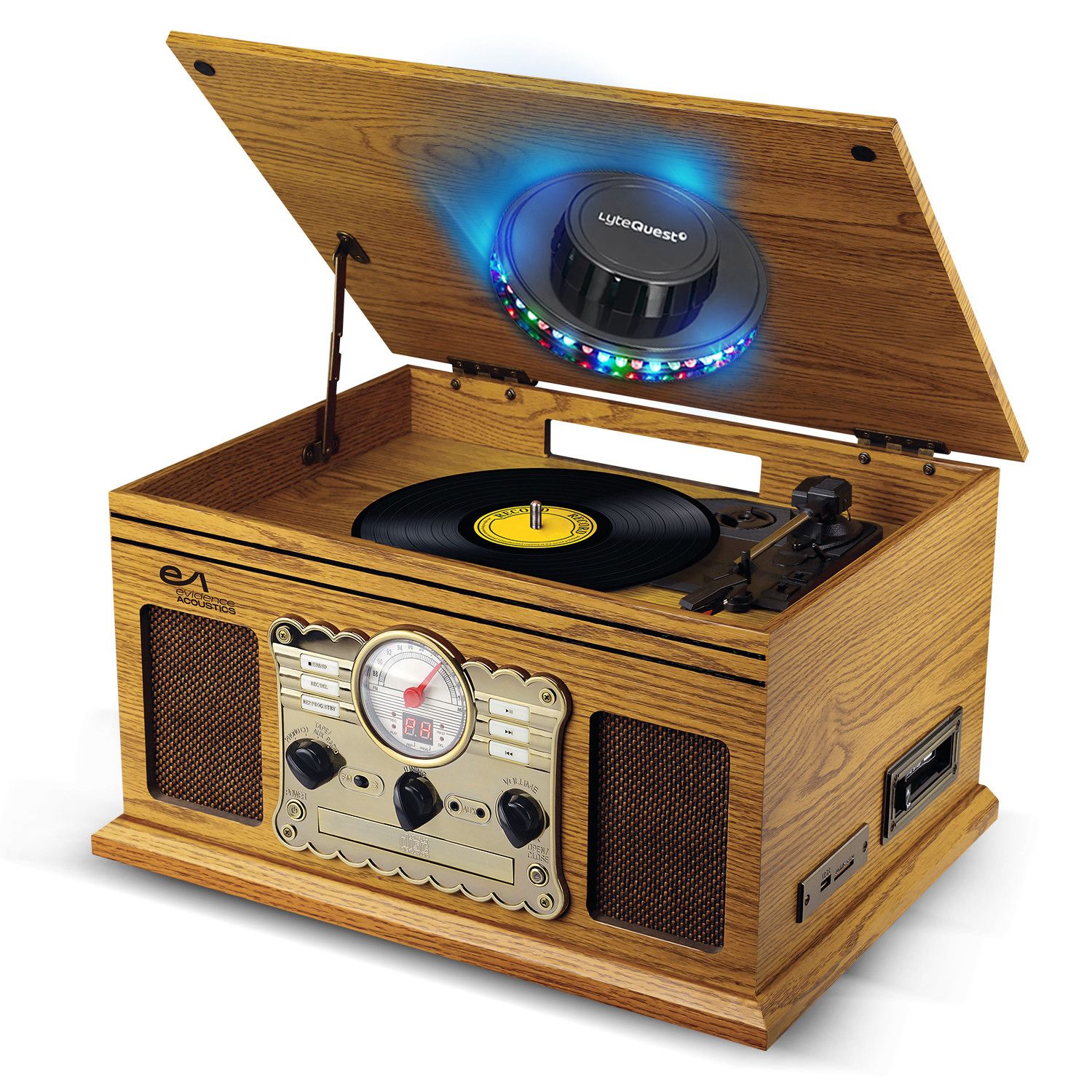 Evidence Acoustics EA-PL300-WOOD Vinyl Turntable, 60W, FM, CD, Cassette, BT USB REC, Retro Vintage LED