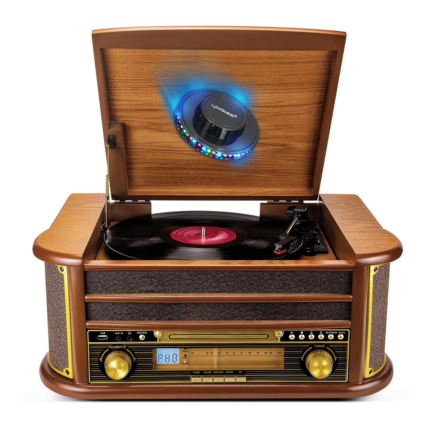 Evidence Acoustics EA-PL400 Vinyl Turntable - 33/45/78, 60W, FM, CD, Cassette, Bluetooth USB, REC, Retro, Wood, LED Lights