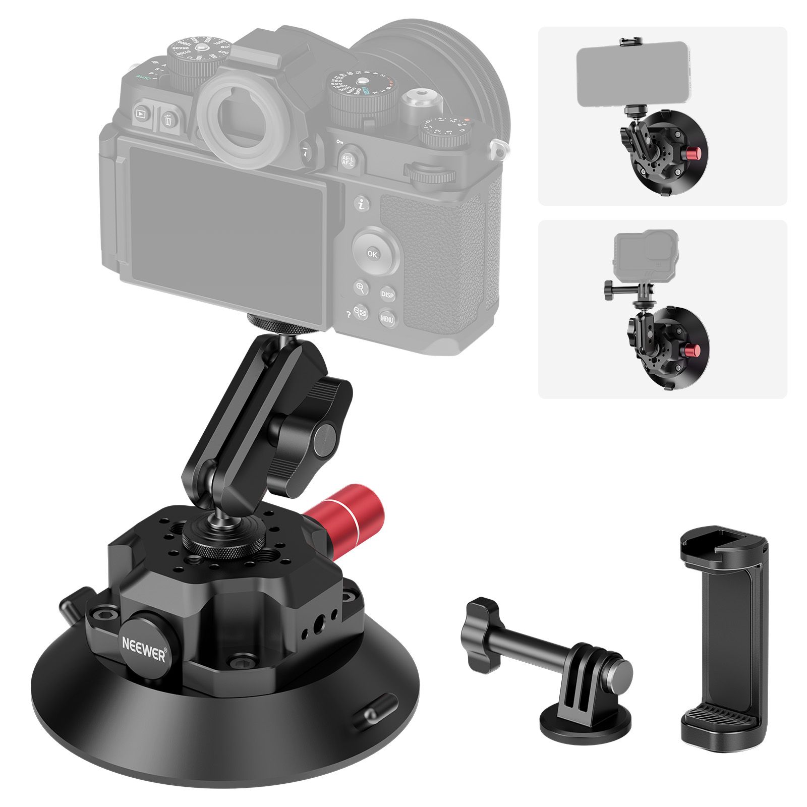 Soporte para cámara Neewer de ventosa de 11,4 cm con brazo mágico de cabeza esférica, hilos Arri de 6,35 mm, montaje rápido para coche con soporte y adaptador para cámara de acción