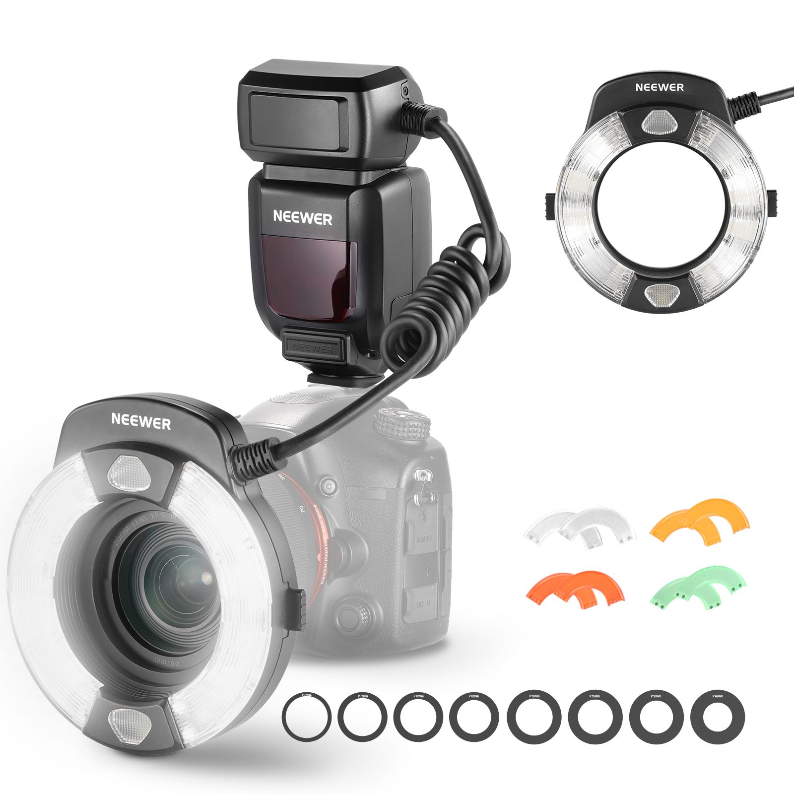 Neewer RF1-S Ring Flash Light for Sony Camera, 76W GN15 5600K TTL Lighting, 1-1/128 Shutter Speed, Color Gel Lens Rings