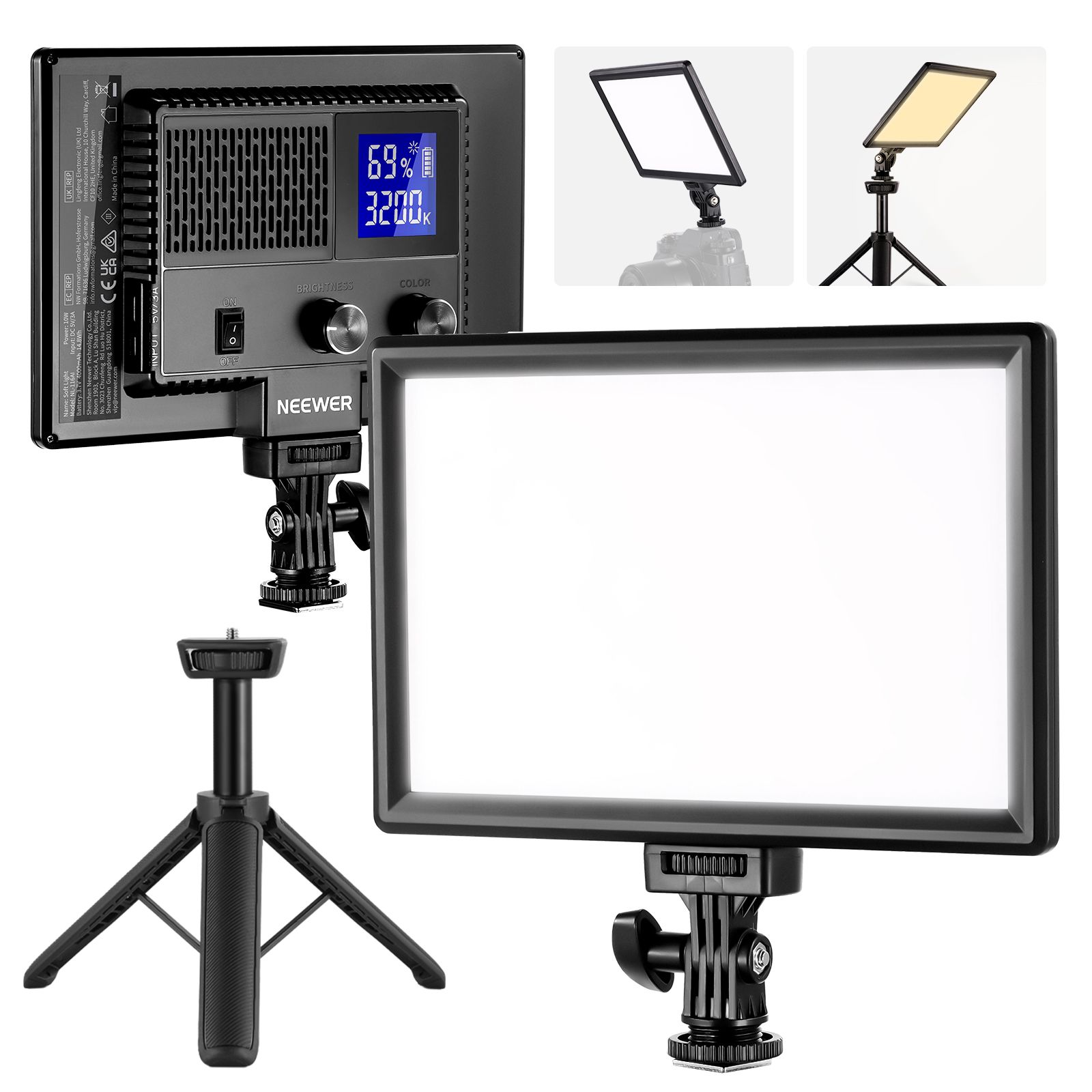 Paneles de luz LED Neewer 9" para cámara DSLR con trípode mini, batería de 4000mAh, puertos USB Tipo C, 3200K - 5600K CRI95 + 600Lux fotografía video streaming