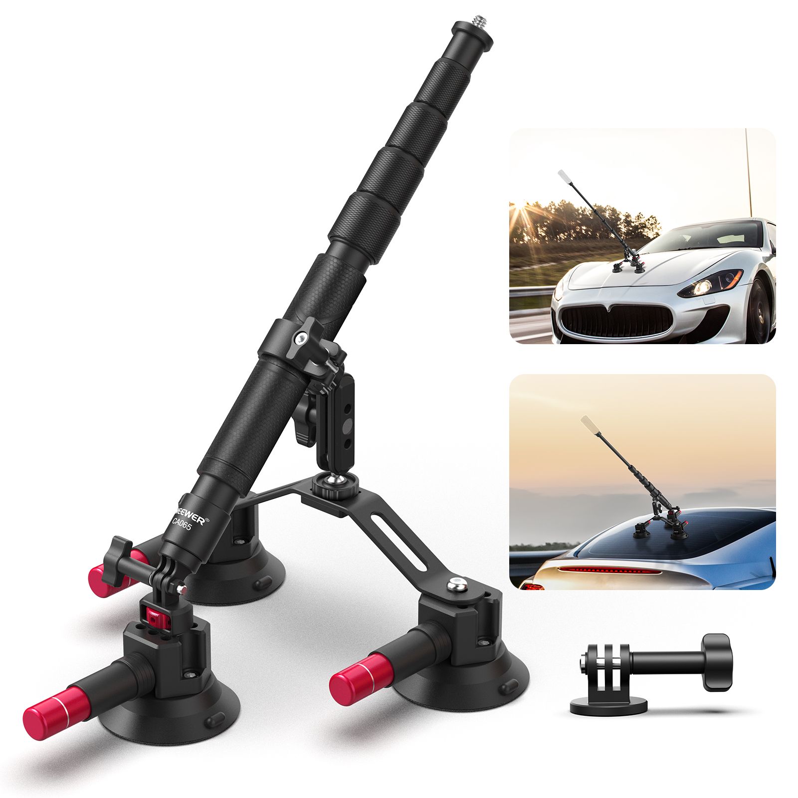 Neewer 3-Way Car Mount with Triple Suction Cup and Extension Pole, Quick Release, Magic Arm for Action Cameras, Compatible with GoPro Insta360