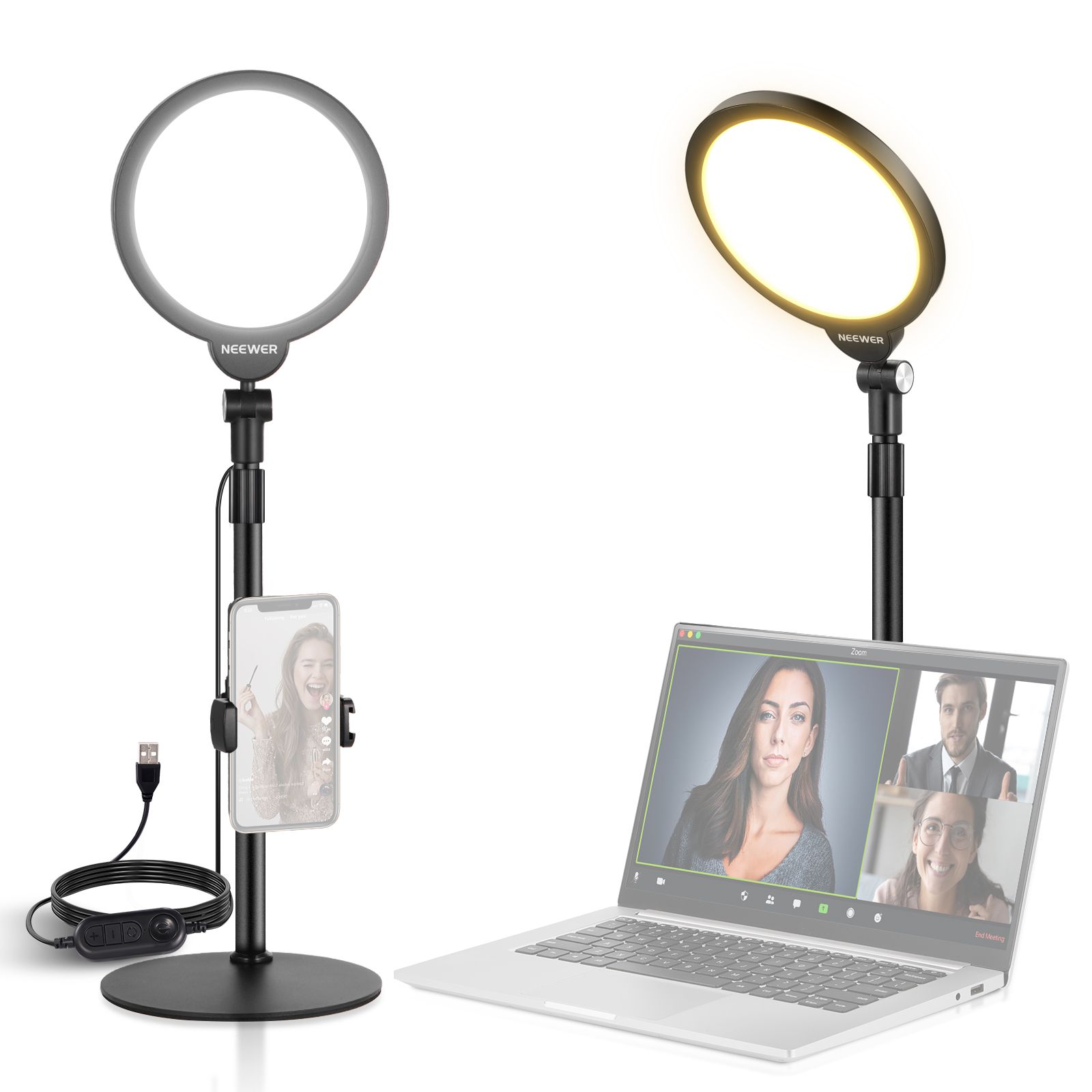 Kit de iluminación Neewer Básico para teléfono móvil de 7 pulgadas, 10W, intensidad regulable de 3000K a 6500K, soporte de escritorio para videollamadas, selfies, vlogs y maquillaje
