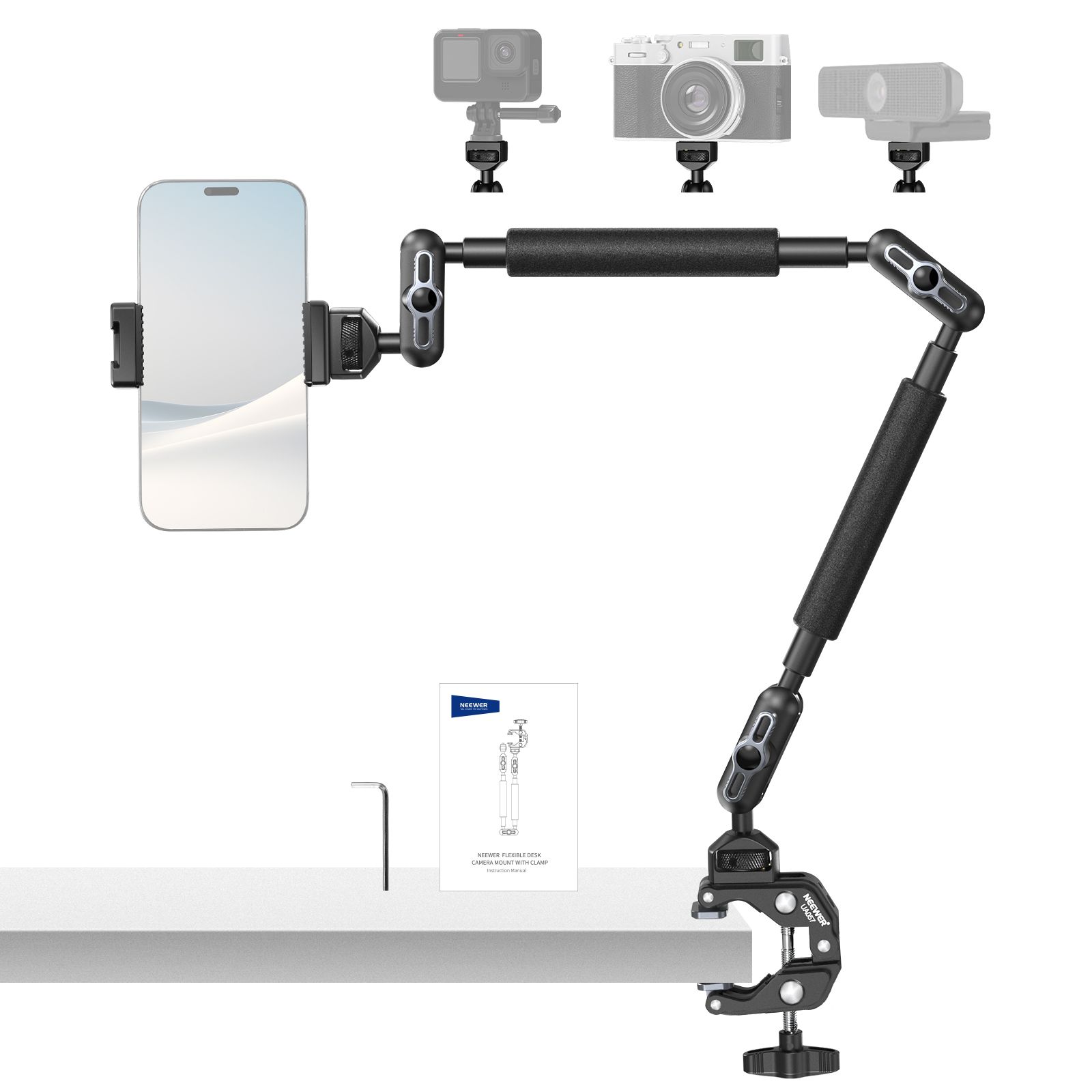 Bra mágico Neewer de 55 cm con pinza, soporte de cámara articulado con dos rotulas, hilos de 1/4'' y 3/8'' para Arri, soporte para teléfono compatible con iPhone, DSLR, cámara de acción y equipo de iluminación de video, UA057