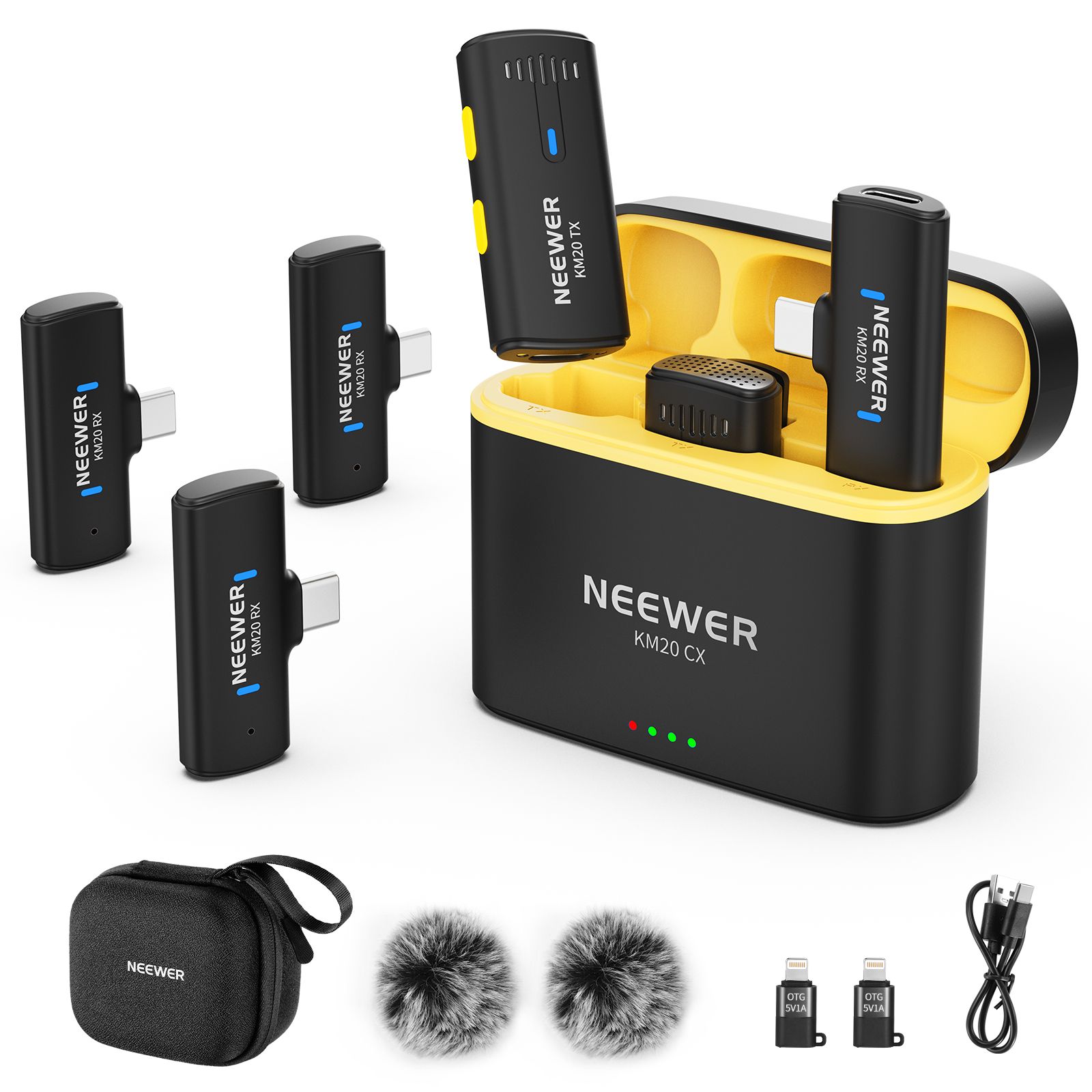 Kit de micrófono lapela inalámbrico Neewer, micrófono clip con 2 transmisores USB-C, 4 receptores y adaptador OTG, compatible con iPhone, Android, ordenador y tableta - Negro, KM20
