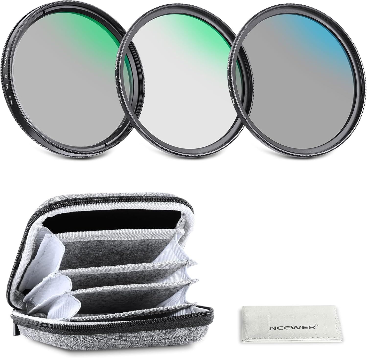 Kit de objetivos Neewer de 67 mm con filtro UV/CPL/ND4, estuche rígido, vidrio multicapas y marco de aluminio
