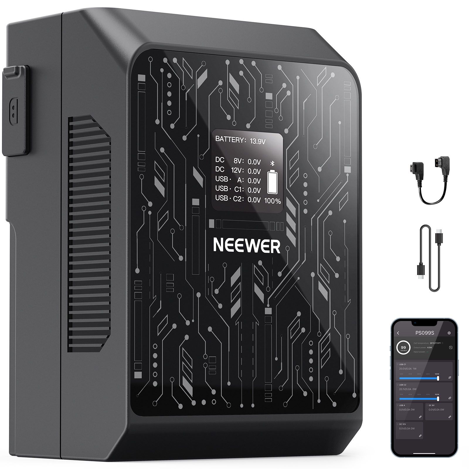 Batería V Mount inteligente Neewer de 6800 mAh 99 Wh con carga rápida de 100 W PD, pantalla OLED, dos puertos USB C/D Tap/BP/USB A/dos DC, compatible con BMPCC 4K 6K