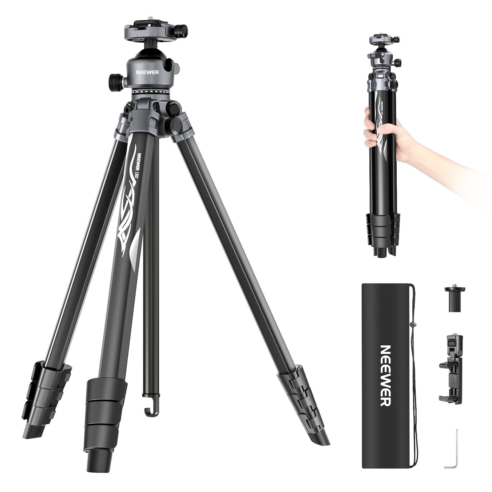 Trípode de viaje Neewer Litetrip LT07, 61'' de aluminio con cabeza esférica de perfil bajo, placa Arca QR compatible con la placa trípode Peak Design V3, 2 ejes centrales, mango de apriete para teléfono 2 en 1