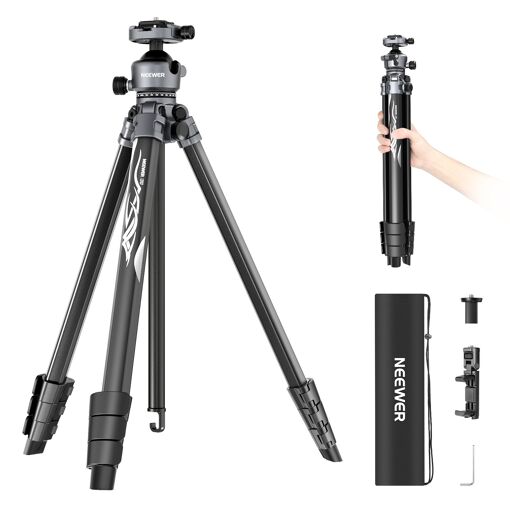 Trípode de viaje Neewer Litetrip LT07, 61'' de aluminio con cabeza esférica de perfil bajo, placa Arca QR compatible con la placa trípode Peak Design V3, 2 ejes centrales, mango de apriete para teléfono 2 en 1