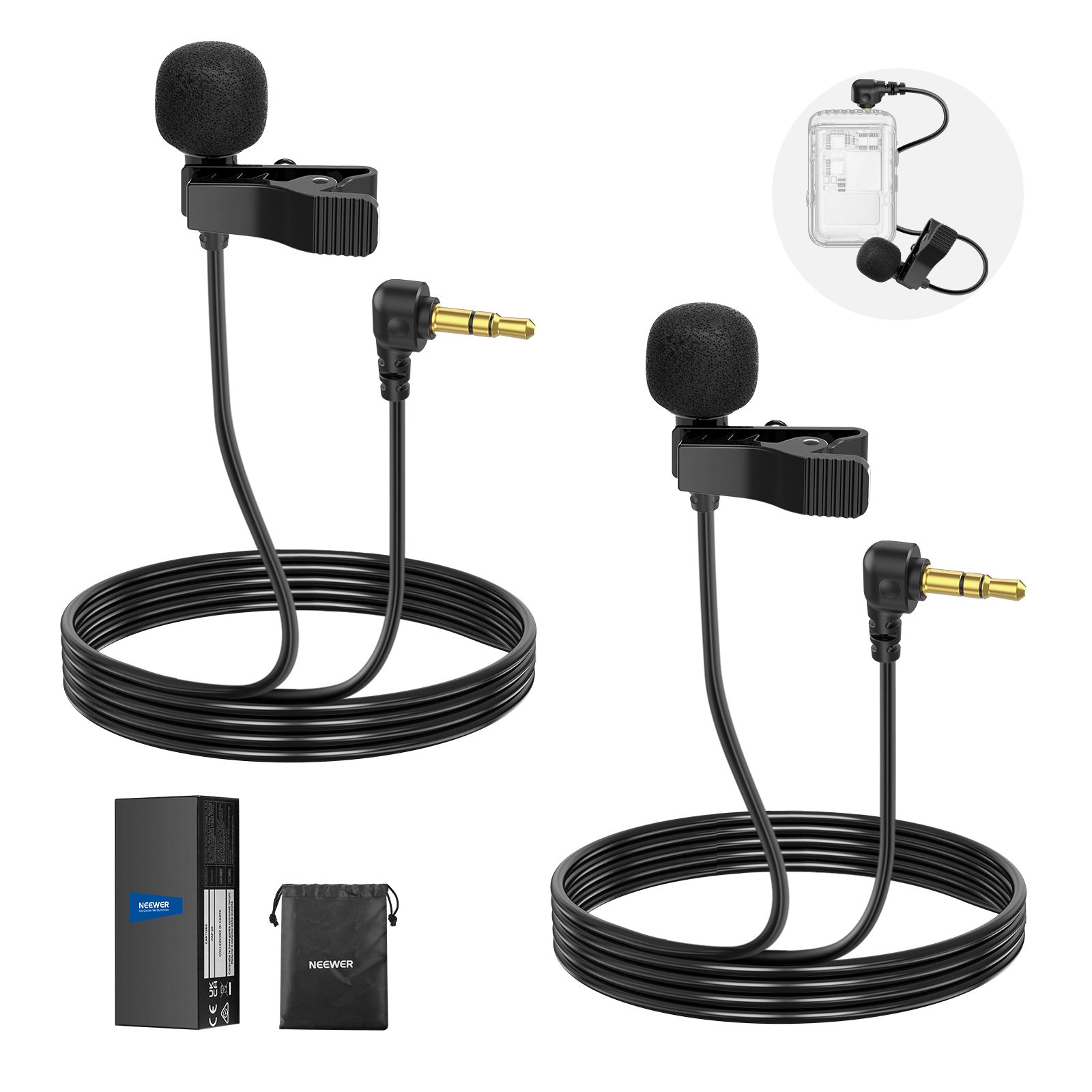 Micrófono Lavalier Neewer Mini (Paquete de 2), 6.6 pies/2 m Micrófono Condensador Cableado con Conector de 3.5 mm TRS Compatibile con DJI Mic 2, Rode Wireless Go II, LM5