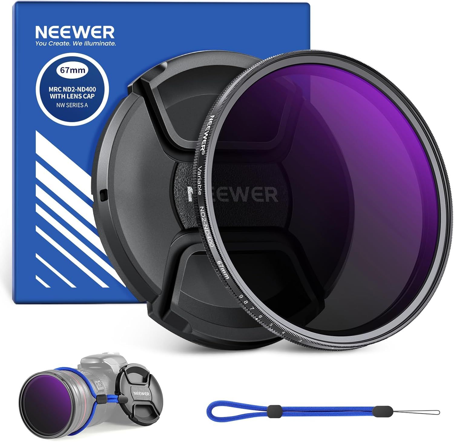 Filtre ND variable Neewer 67 mm (ND2-400 avec 9 arrêts) avec capuchon objectif, corde, tissu et réglage précis de la densité neutre