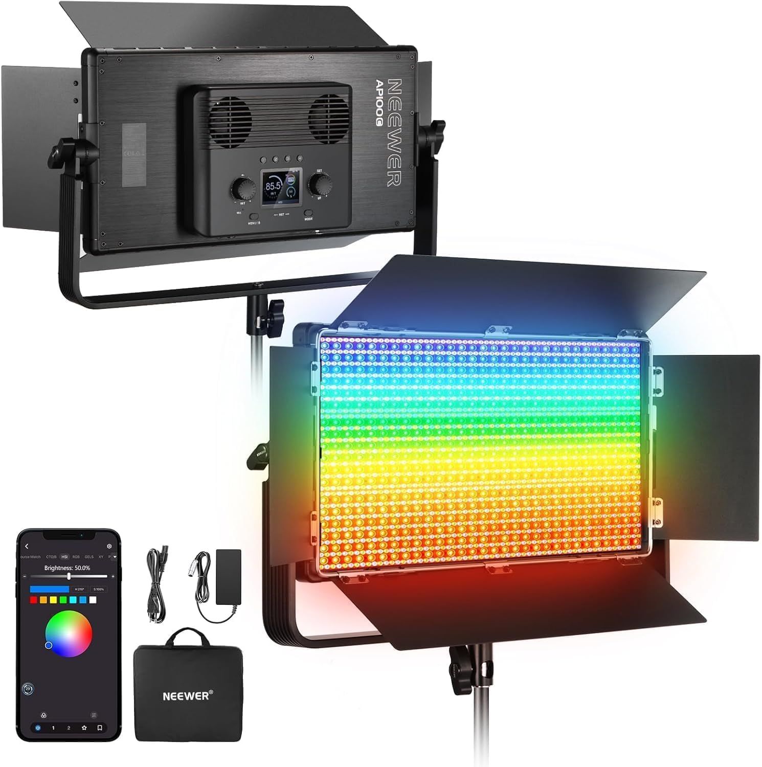 Kit de panel de vídeo LED Neewer de 105W con cortina, 1200 LEDs RGB, 31500 Lux@0,5m, 2500K-10000K CRI96+/TLCI97+ ajustable, control mediante aplicación/2,4G/panel/DMX, iluminación de estudio para fotografía y vídeo, AP100C