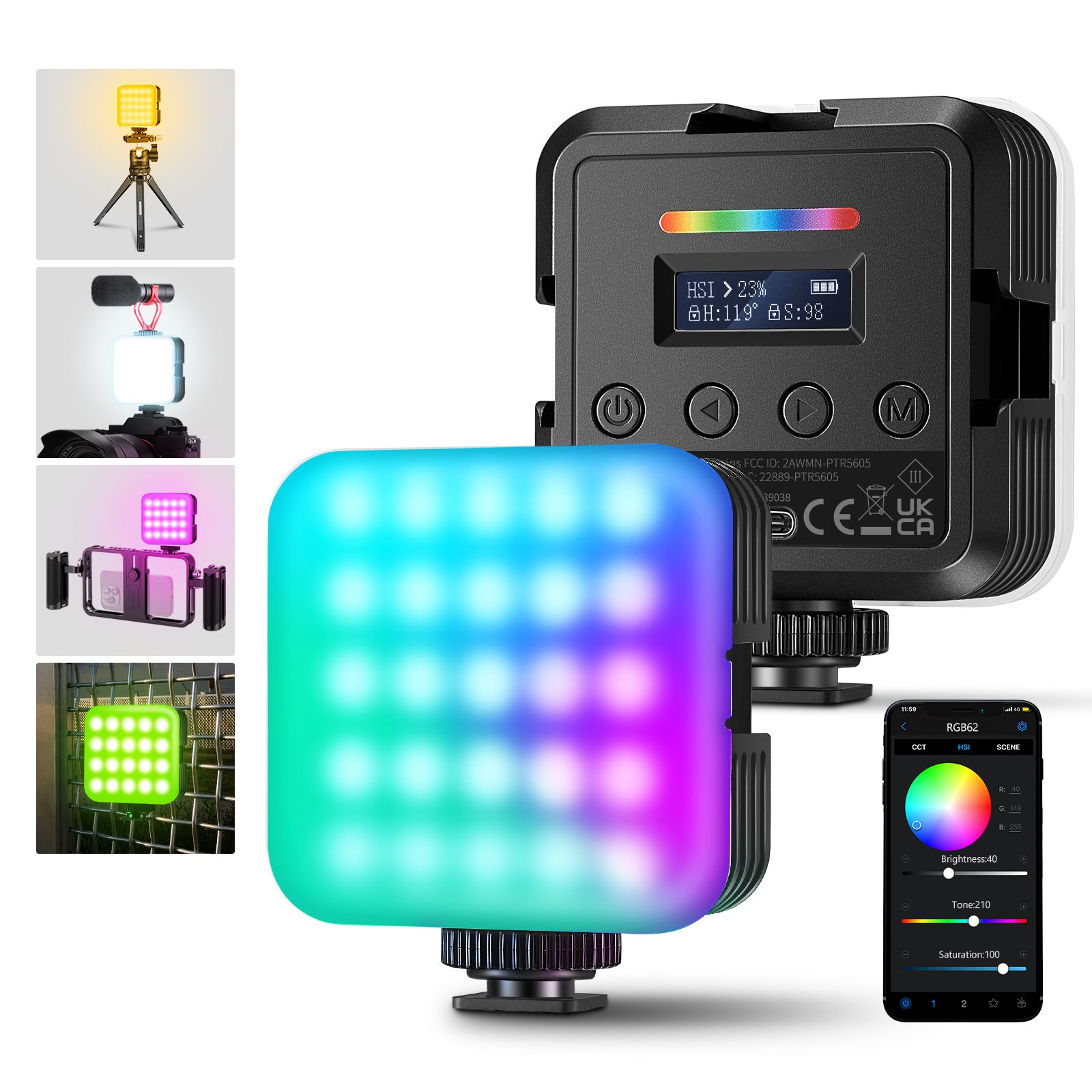 Neewer RGB62 Magnetic RGB Video Light, App Control, 2-Pack - 360° Color LED Camera Light with Cold Shade CRI97+ and Temperature 2500K-8500K, 17 Scenes, 2000mAh Rechargeable Portable Selfie Light