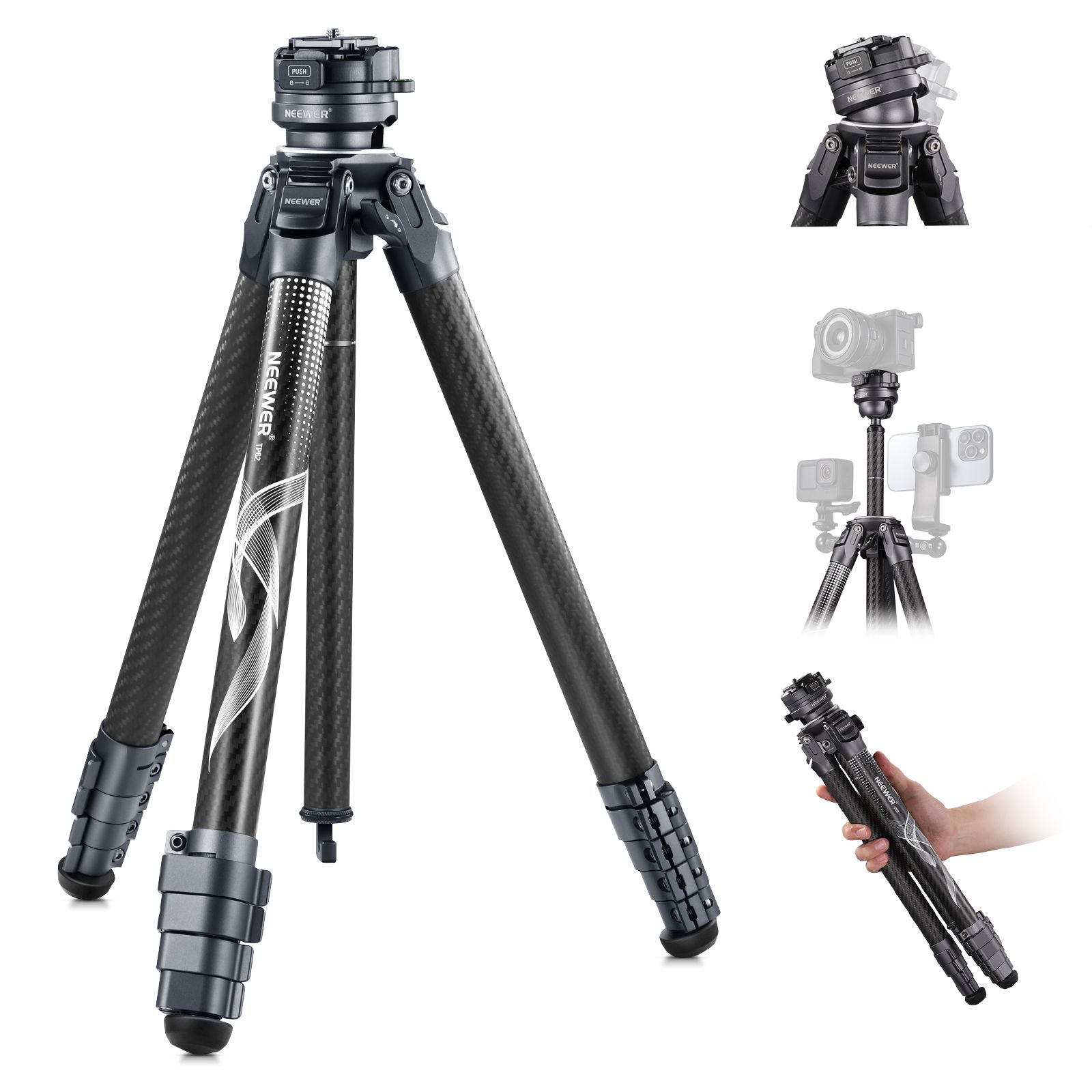 Trípode de viaje Neewer LiteTrip LT32 de fibra de carbono con cabezal panorámico, nivelación ± 15°, eje central extraíble, bucla de liberación rápida, placa QR compatible Arca para Peak Design