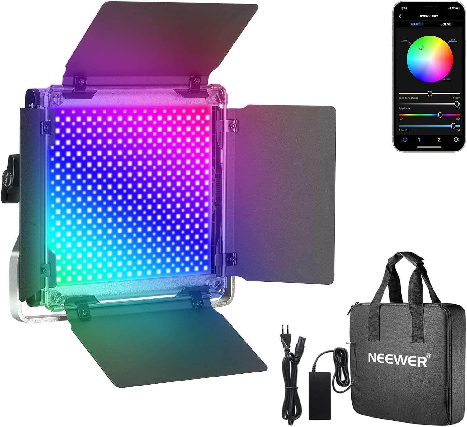 Neewer 660PRO RGB LED Video Light with App Control, 50W 360° Color Polychrome Lighting, CRI 97 with Barndoor/U Shutter