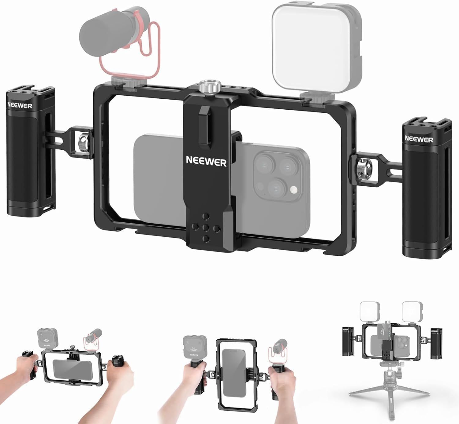 Neewer Vlogging Kit for Phone, Improved Video Stabilizer with Double Handle, Wireless Microphone Slot for TikTok/Youtube, Compatible with SmallRig iPhone 16/15/14/13 Pro Max, Galaxy S23 (PA009)
