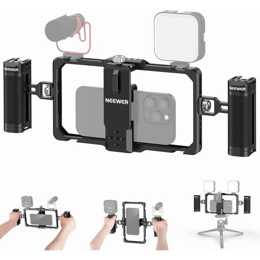 Kit de vlogging de Neewer para teléfono, estabilizador de video con doble mango, ranura para micrófono inalámbrico para TikTok/YouTube, compatible con SmallRig iPhone 16/15/14/13 Pro Max, Galaxy S23 (PA009)