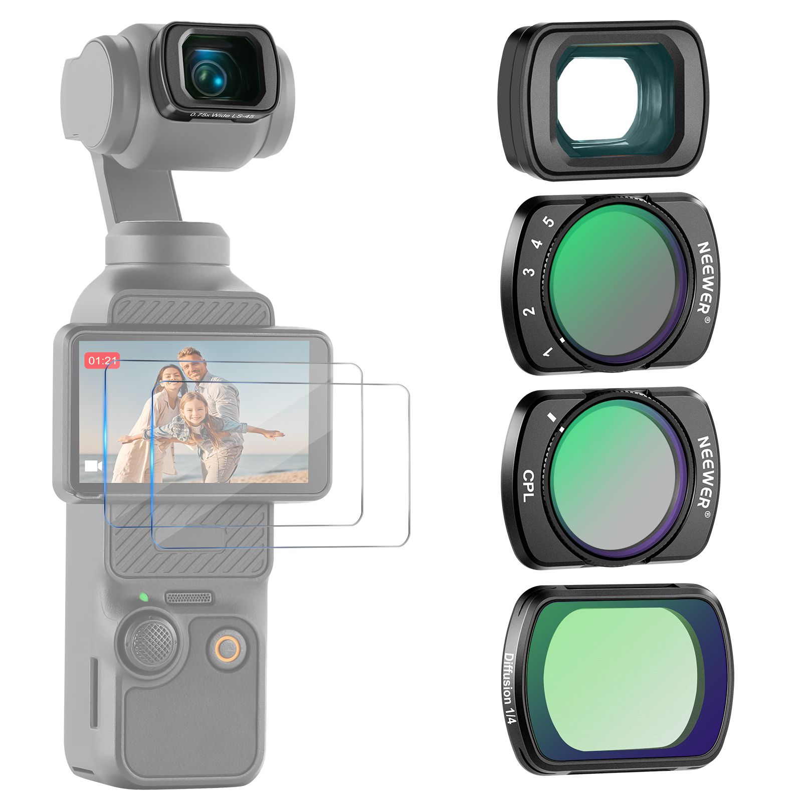Kit de 3 filtros gran angular Neewer con filtro de difusión ND variable negro 2-32 CPL 1/4, compatible con DJI Osmo Pocket 3 Creator Combo