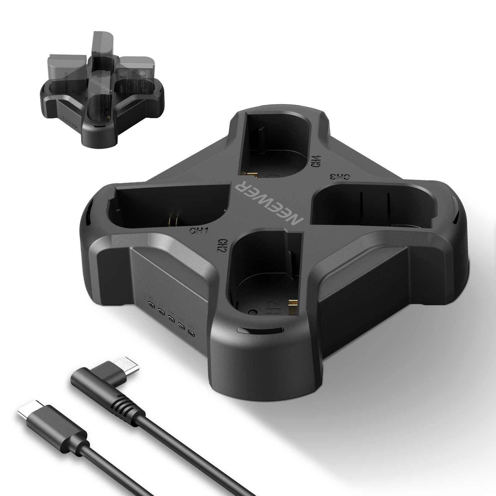 Cargador de batería Neewer de 4 canales con carga rápida PD 45W, cable USB-C, compatible con Canon EOS R5 Mark II, 6D Mark II, 5D Mark III, 5D Mark IV