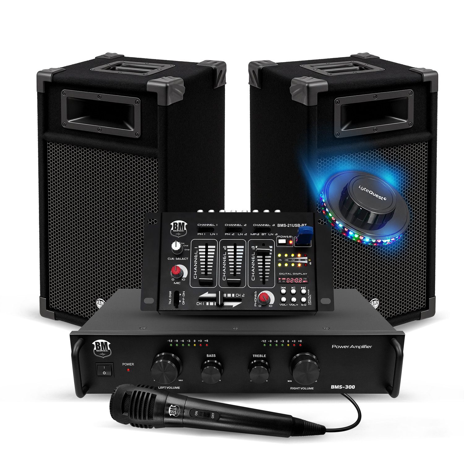 Kit de Sonorización Disco Completo Bm Sonic BMS-DJ300 300W Amplificador, Sistema de Altavoces Bluetooth con Mezclador DJ y Luces