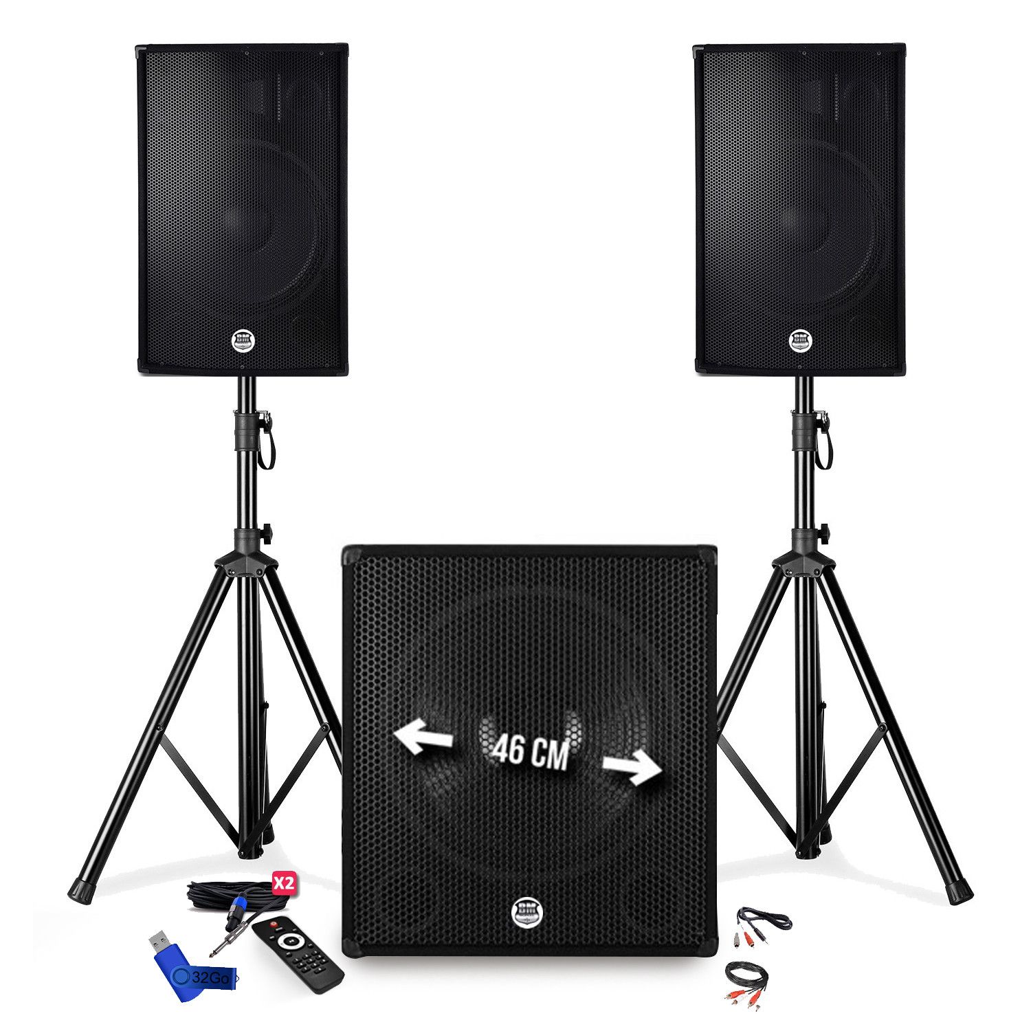 BM SONIC BMS-1815 Speaker System - 2700W - 15" Subwoofer + 18" Bass + Stands with USB/Bluetooth + 32GB USB Key