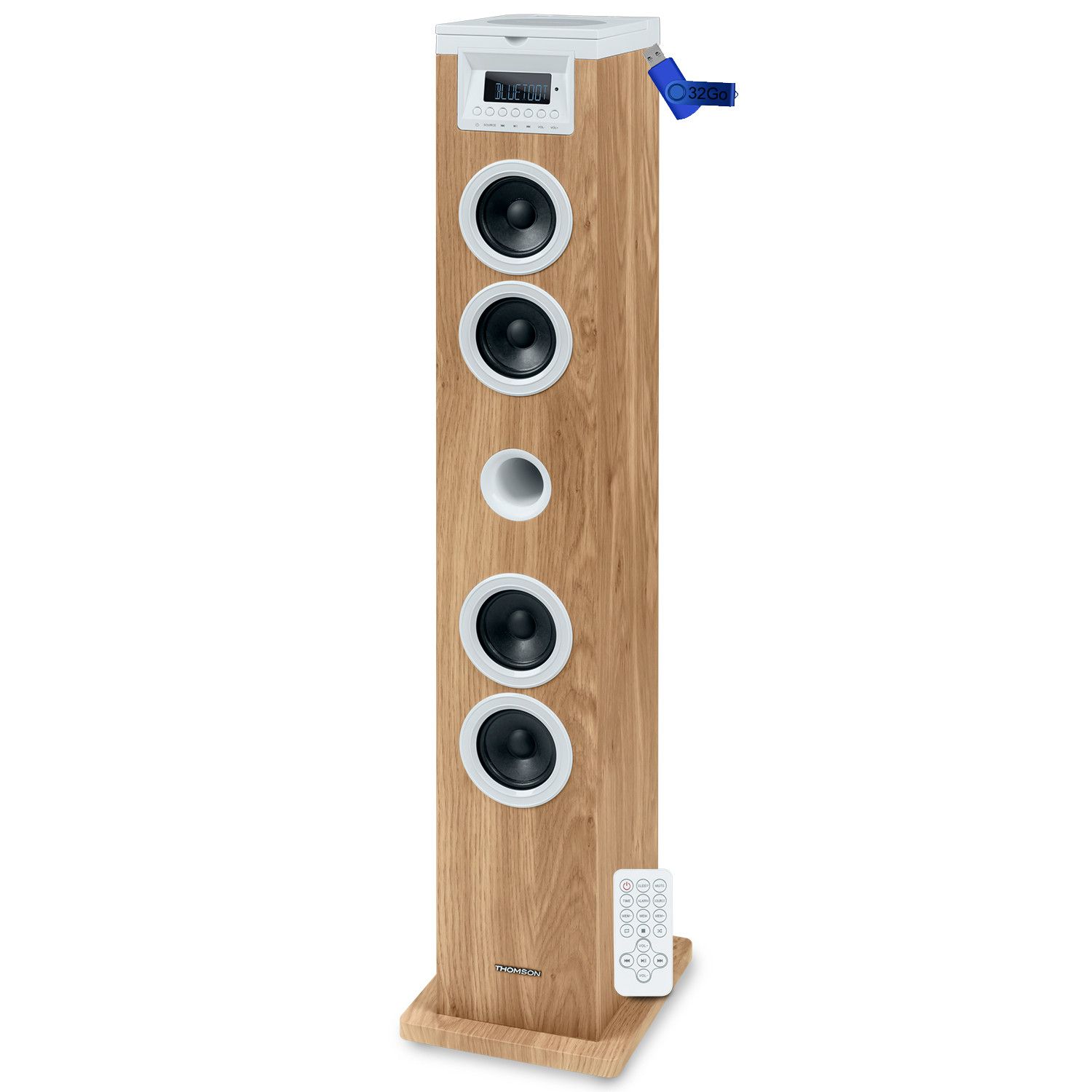 Thomson DS121CD 60W Sound Tower - Bluetooth, CD Player, Remote Control, AUX IN, FM Radio - Wood/White + USB 32G Key