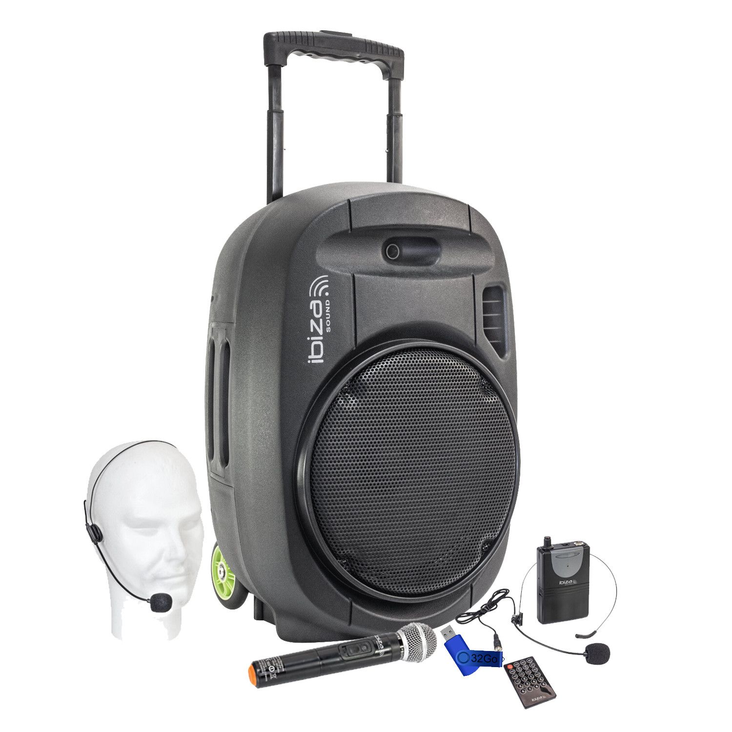 Haut-parleur portable Ibiza Sound PORT15VHF-MKII, 800W USB/MP3/Bluetooth/Vox/TWS + 2 micros VHF + clé USB 32G