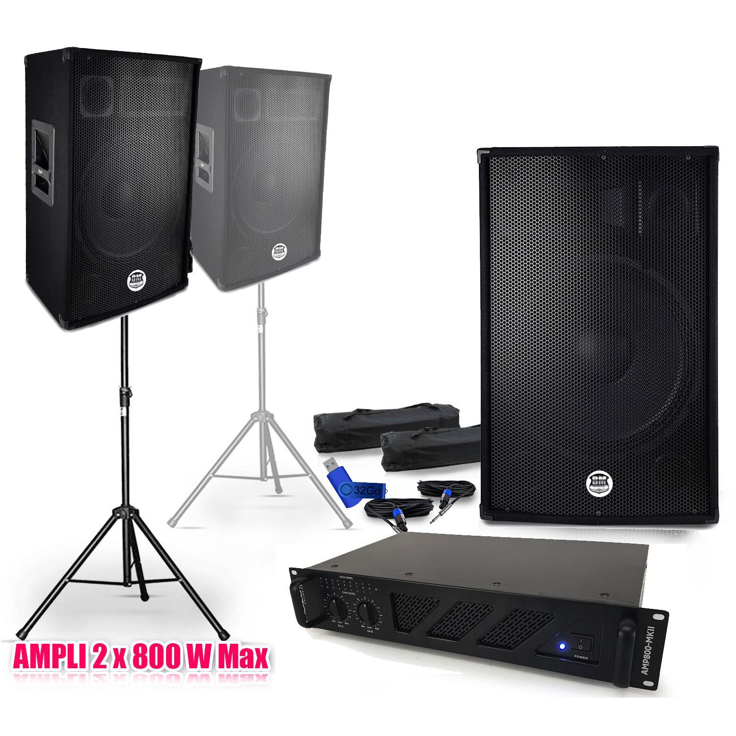 Bm Sonic Pack SONO: 2 x BM Sonic BMS-15 Speakers, Ibiza AMP-1000 MKII Amplifier, Stands and Cables + USB 32GB Key