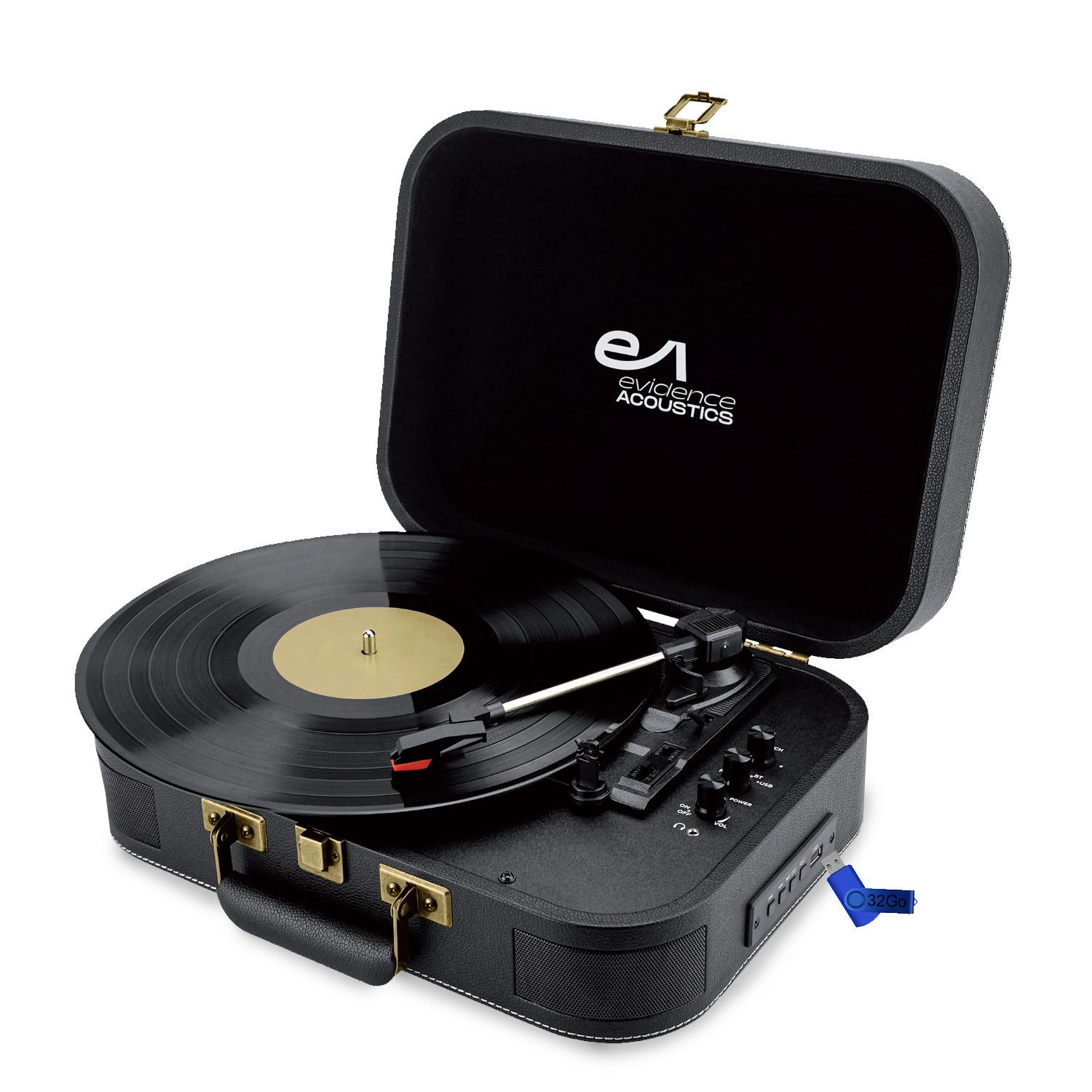Evidence Acoustics EA-PL100-BK Vinyl Turntable - 20W Integrated Speakers, 3 Speeds (33, 45, 78 RPM), Bluetooth, USB + 32GB USB Key